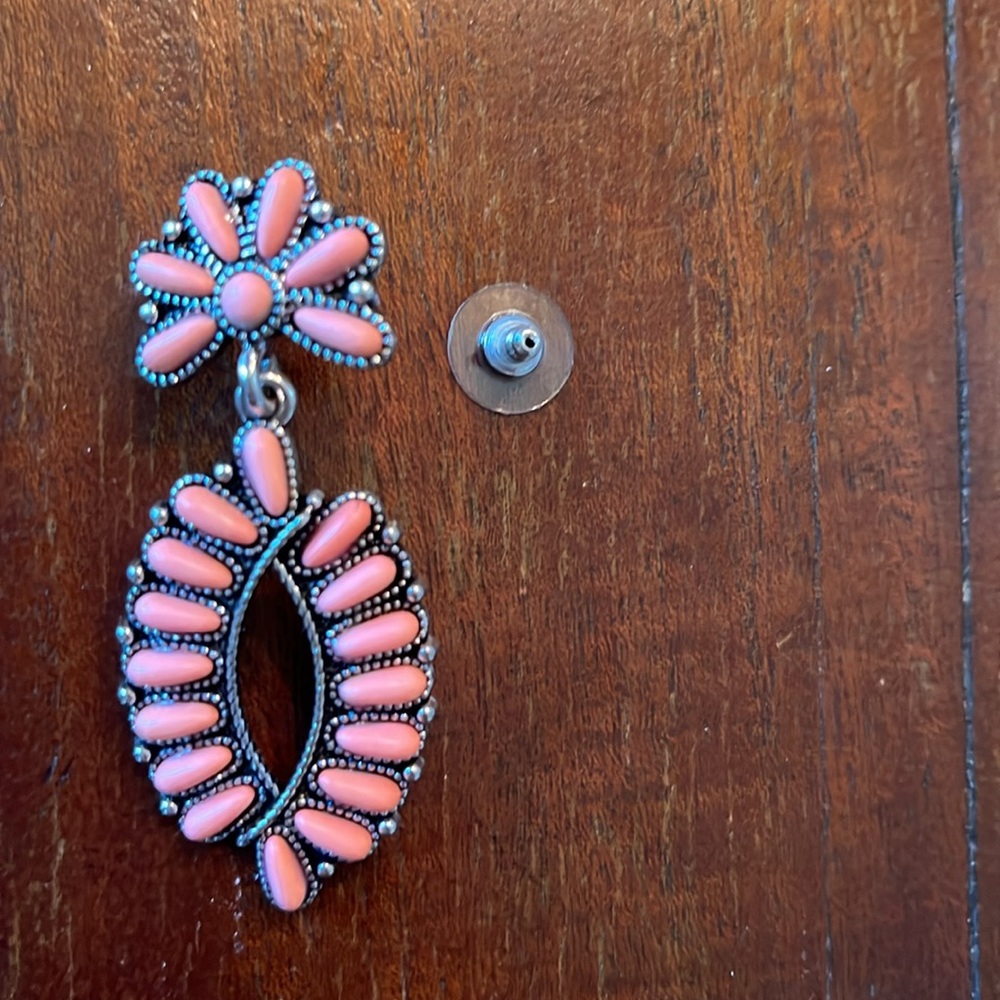 Boho Oval Blossom and Natural Coral Stone Earrings - Picture 6 of 10